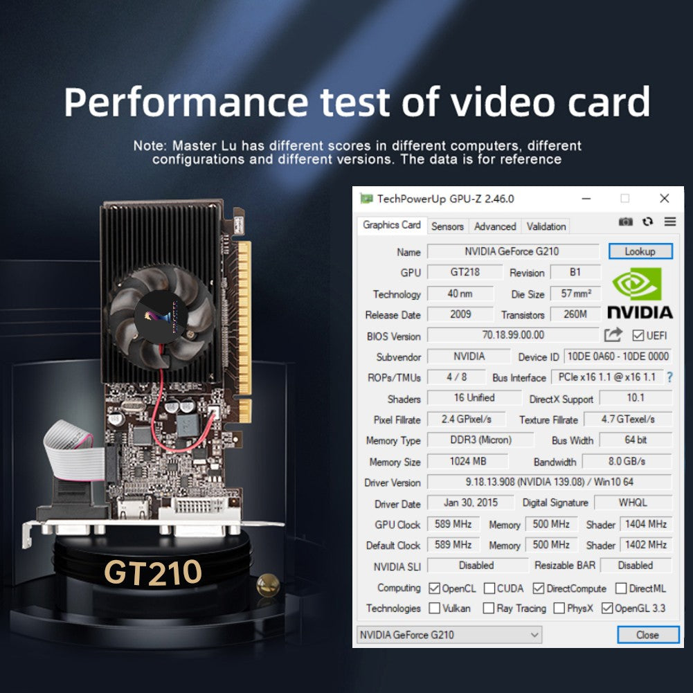 GT210 Placa de vídeo gráfica, 1GB, PCIE X16 2.0, NVIDIA DDR3, VGA HD DVI, 64Bit,