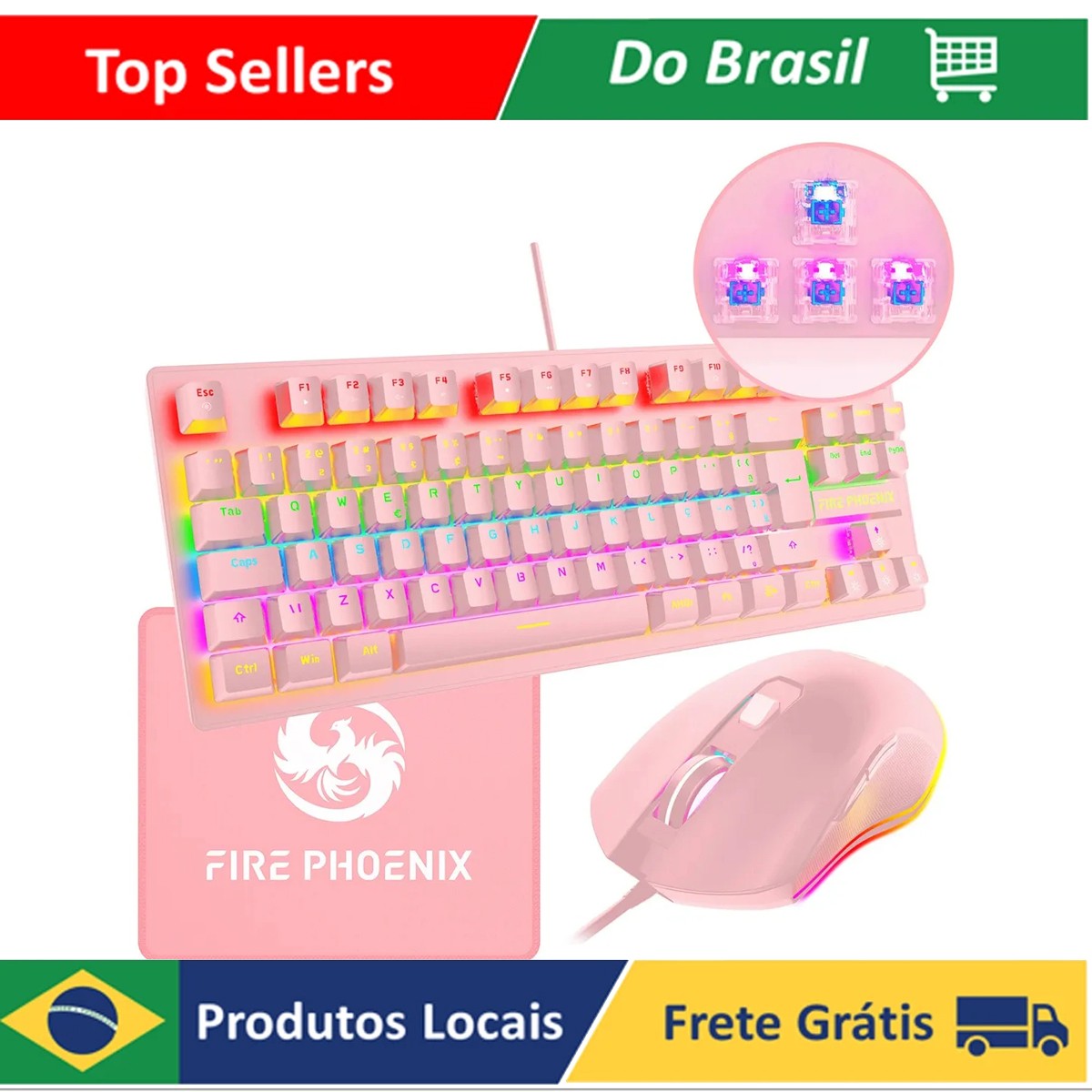 Kit De Teclado Mecânico E Mouse Gamer 3200 Dpi Com Fio Abnt2 Iluminação Led Rgb