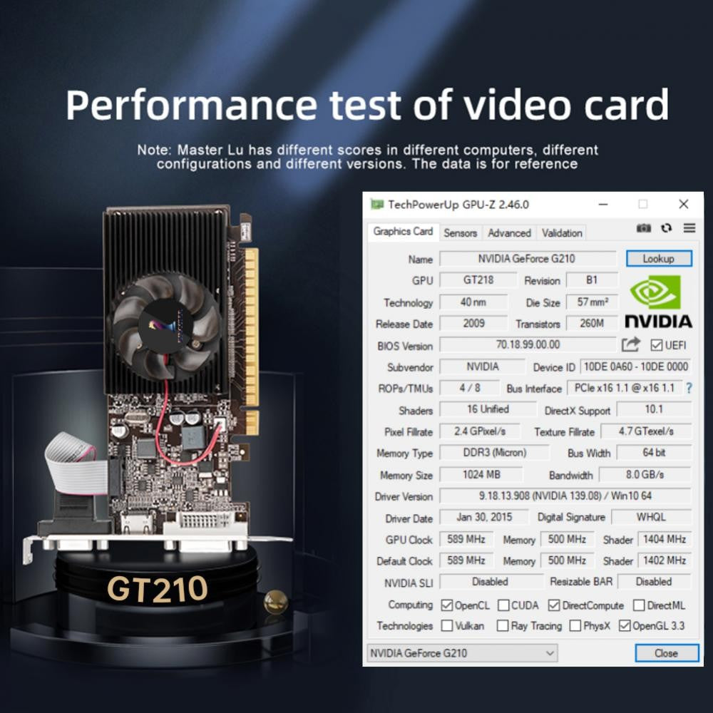 GT210 Placa de vídeo gráfica, 1GB, PCIE X16 2.0, NVIDIA DDR3, VGA HD DVI, 64Bit,