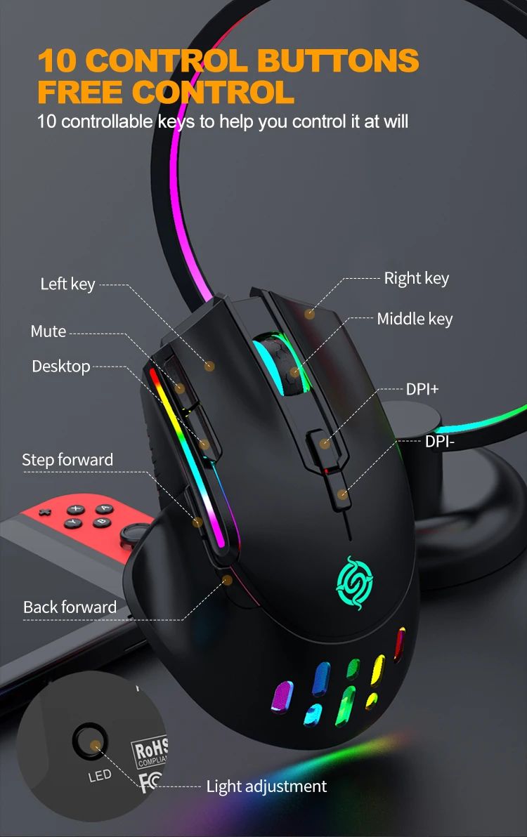 Novo rgb recarregável sem fio mouse para jogos computador e notebook