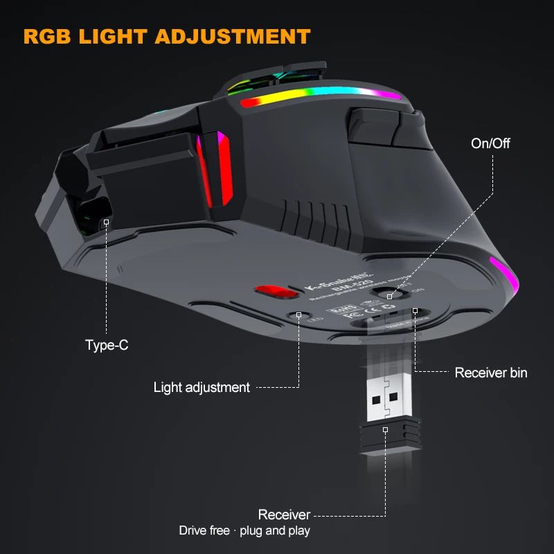 Novo rgb recarregável sem fio mouse para jogos computador e notebook