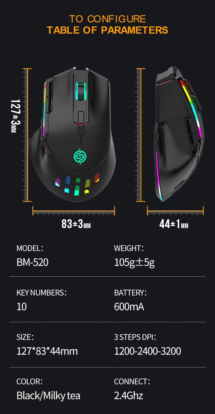 Novo rgb recarregável sem fio mouse para jogos computador e notebook