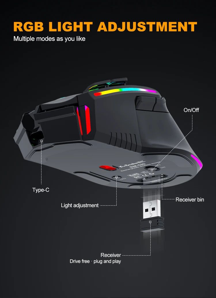 Novo rgb recarregável sem fio mouse para jogos computador e notebook