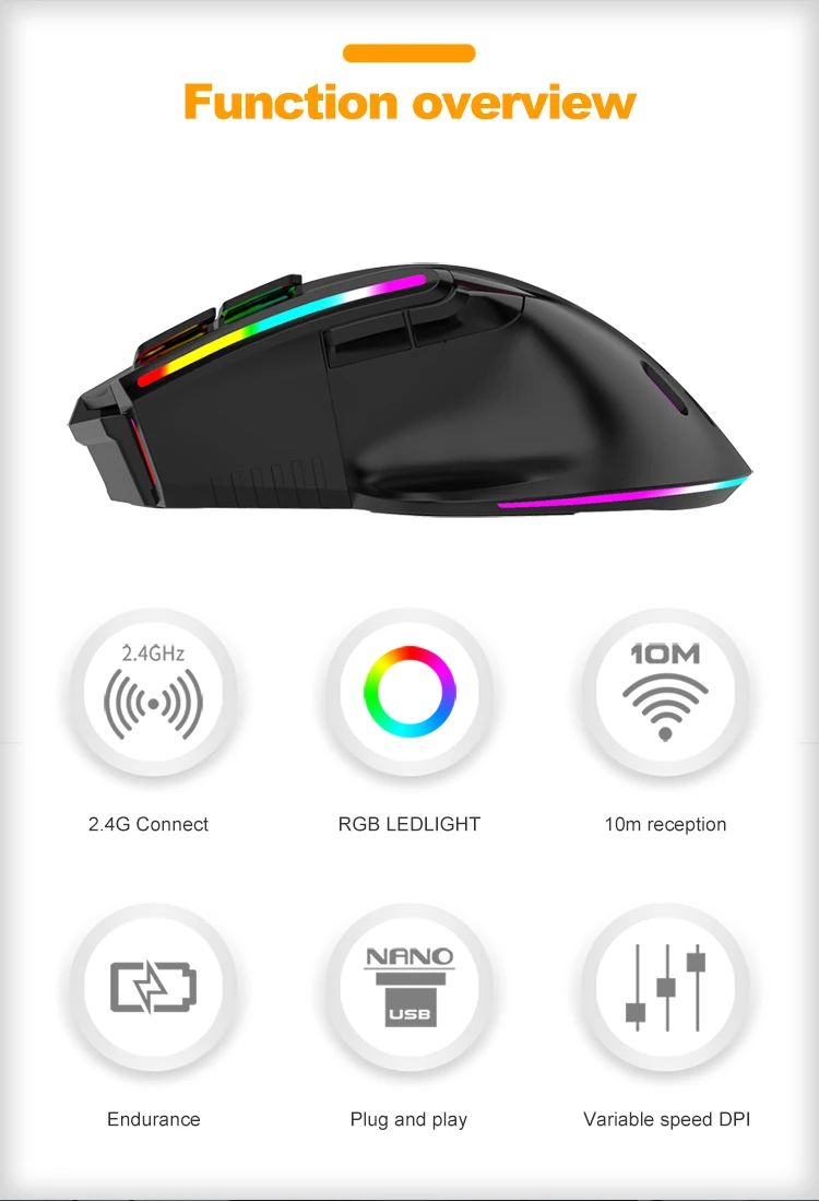 Novo rgb recarregável sem fio mouse para jogos computador e notebook