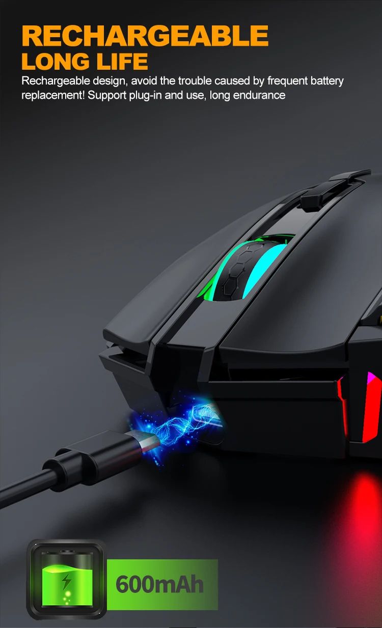Novo rgb recarregável sem fio mouse para jogos computador e notebook