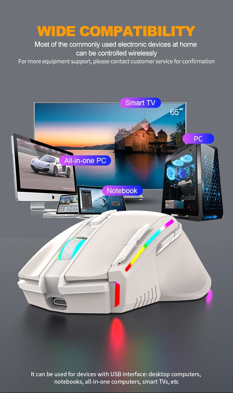 Novo rgb recarregável sem fio mouse para jogos computador e notebook