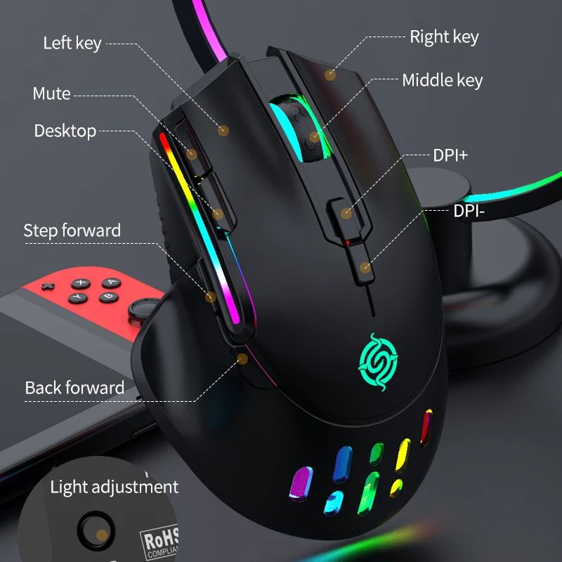 Novo rgb recarregável sem fio mouse para jogos computador e notebook