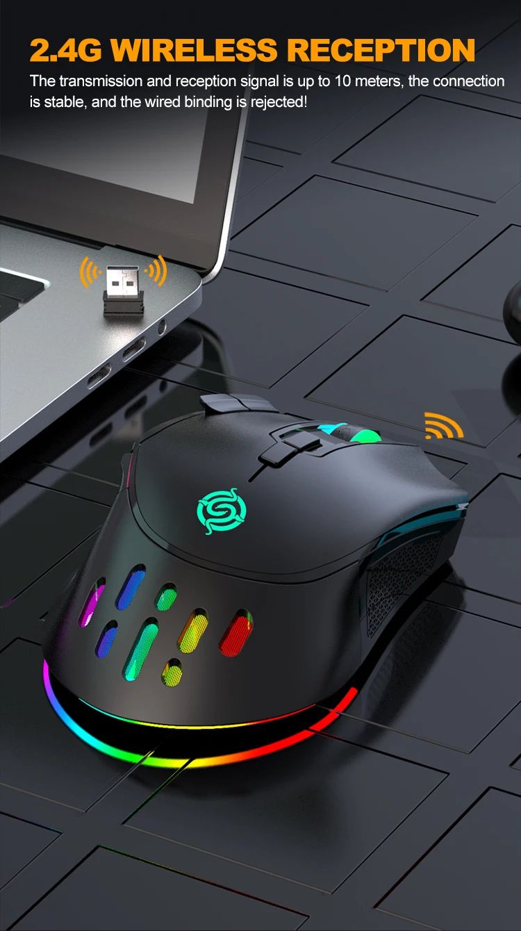 Novo rgb recarregável sem fio mouse para jogos computador e notebook