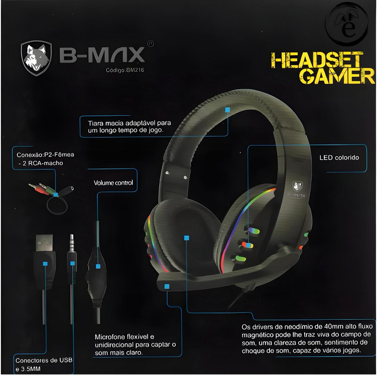 Fone Headset Gamer Com Fio Conector P3 E USB B-Max BM-216